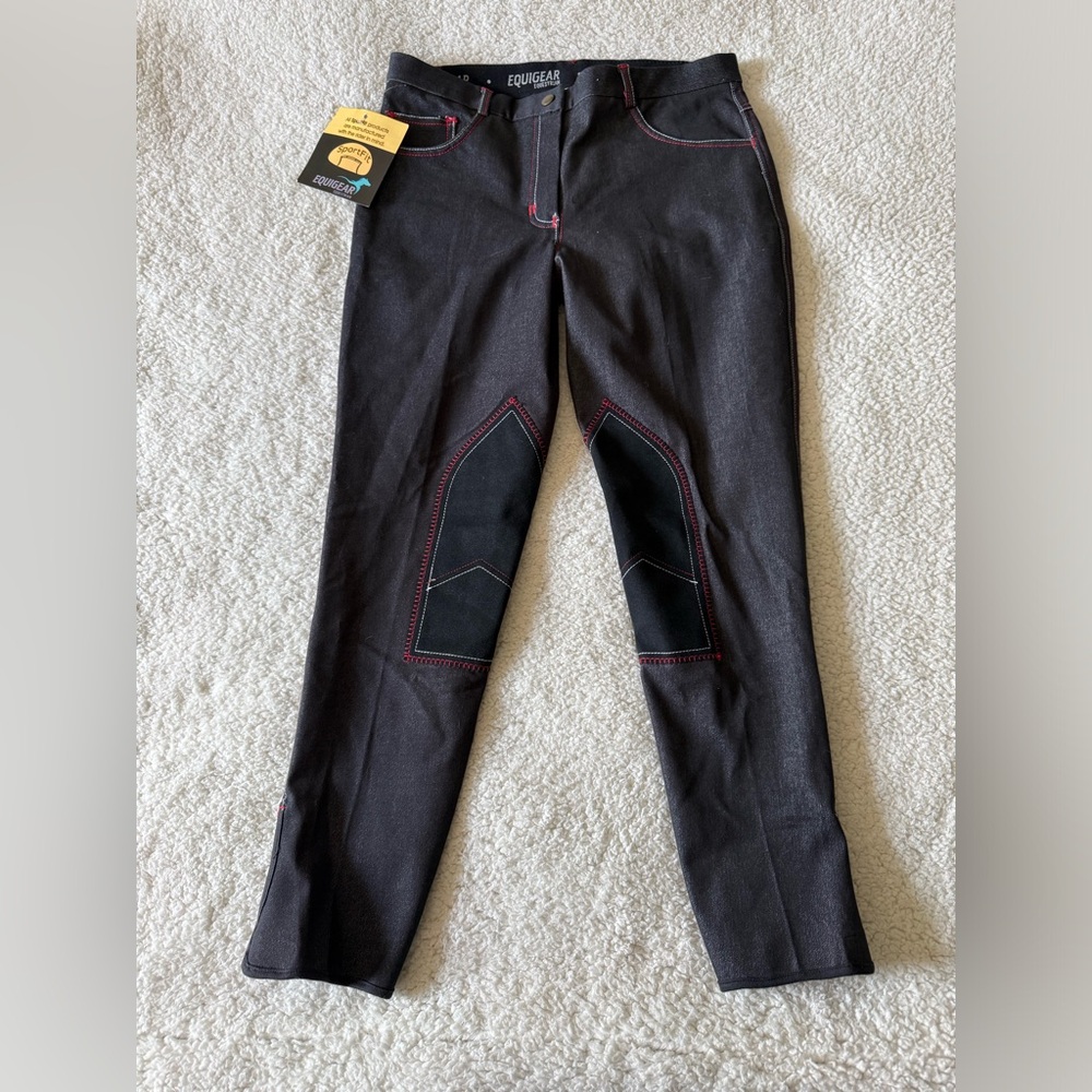 EQUIGEAR Equestrian Black Riding Pants Red and White Stitching Sport Fit Size 32